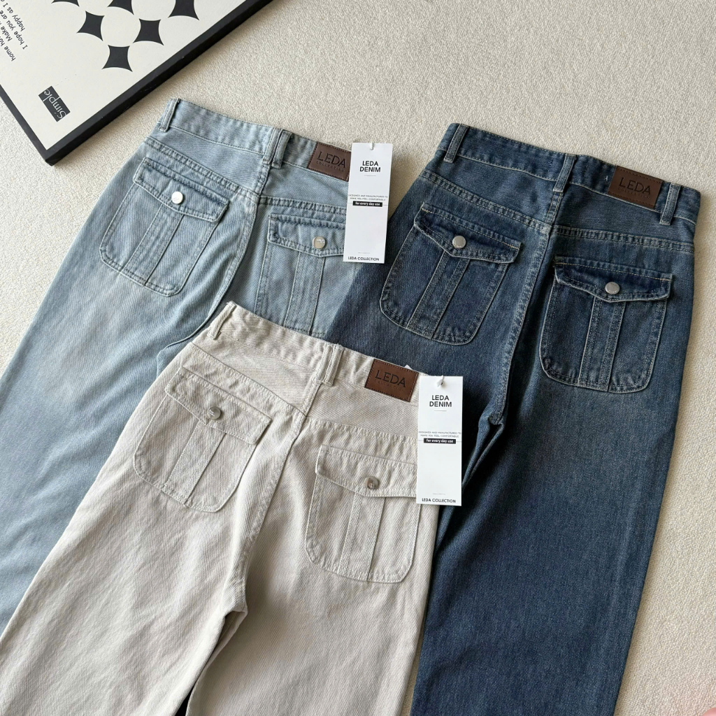 [Dài 88-93cm]Quần Jean Ống Suông TÚI NẮP TÚI HỘP Nữ LEDA