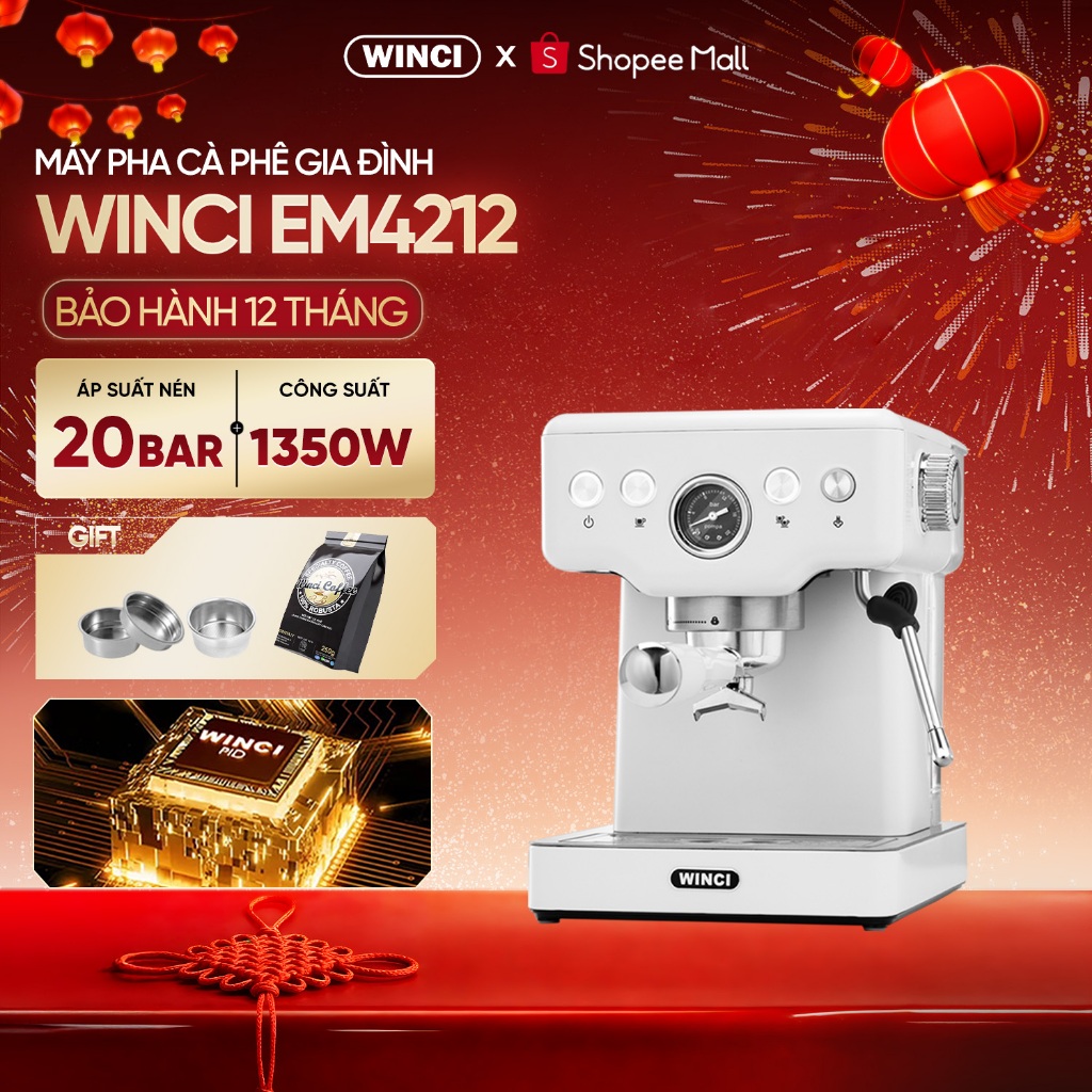 [Bao Gồm VAT] Máy pha cà phê Espresso Winci EM4212, vòi đánh sữa pha latte, cappuccino. Bảo hành 1 n
