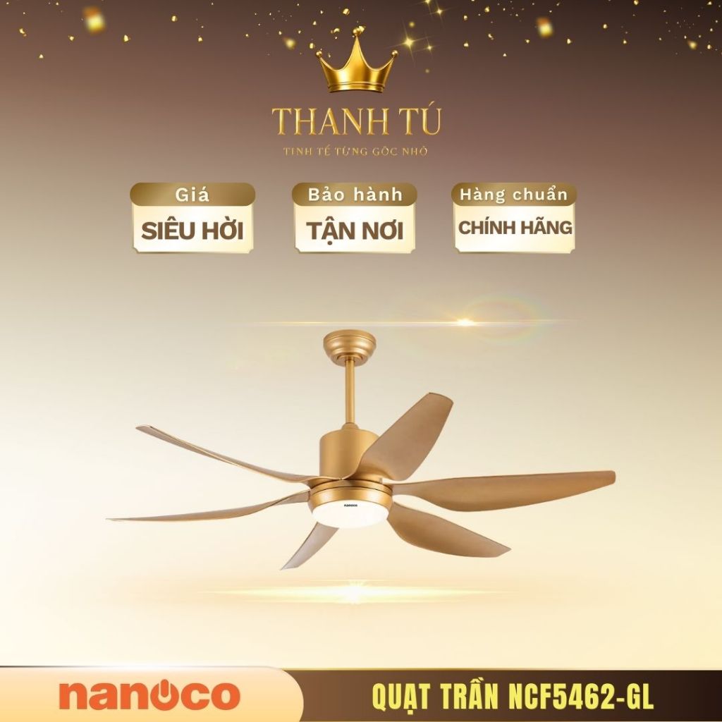 Quạt Trần Nanoco NCF5462-GL – 6 Cánh Vàng Gold, Động Cơ DC, Remote Tiện Lợi