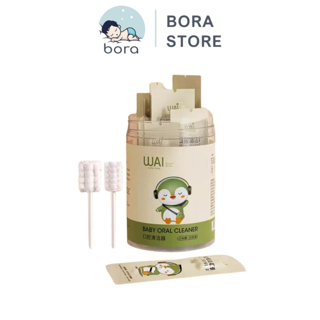 Que tưa lưỡi, rơ lưỡi WAI hộp 30 que cho bé sơ sinh (1 đầu rơ lưỡi)