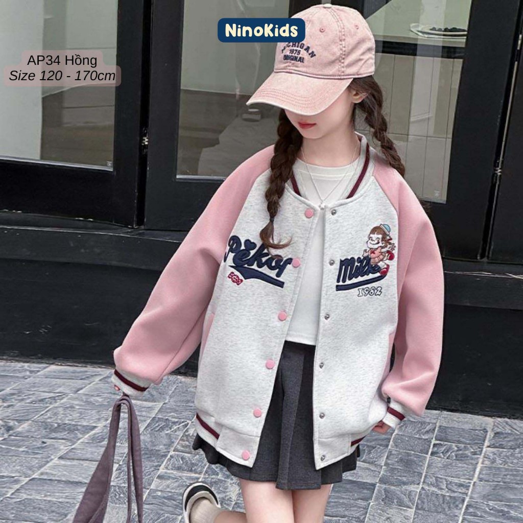 Áo khoác cho bé gái lớp 1 - 9, Thiết kế phong cách thể thao Hàn Quốc, chất liệu vải nỉ cao cấp, AP34