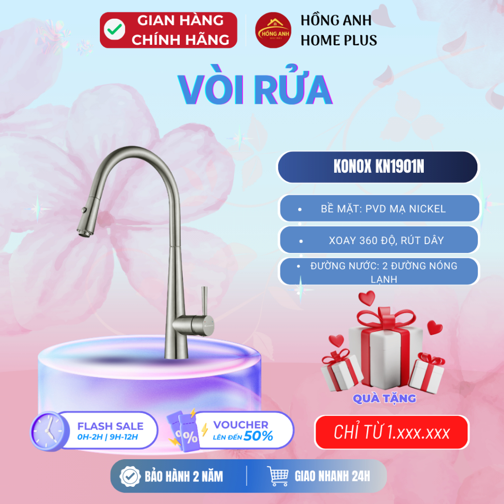 Vòi rửa bát Konox KN1901N inox nóng lạnh đầu kéo xoay 360 độ mạ PVD Nickel