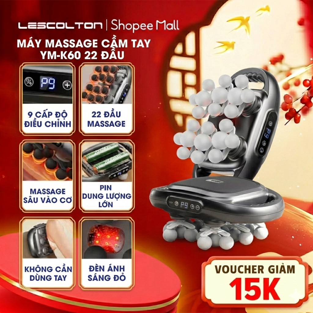 Máy massage cầm tay 22 đầu 9 cấp độ Lescolton YM-60-22 mát xa toàn thân tay đấm lưng giảm đau cơ ( BẢO HÀNH 12 THÁNG )