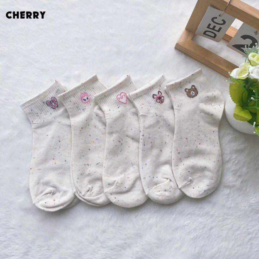 Tất cổ ngắn CHERRY họa tiết thêu dễ thương, set 5 đôi vớ nữ cotton - Cherry Shop