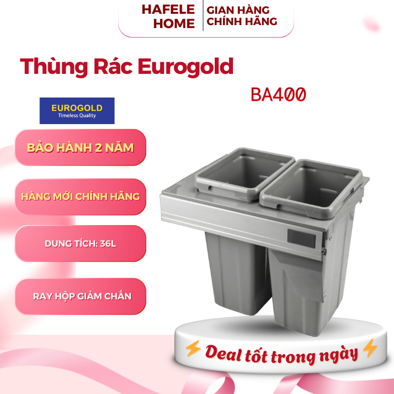 Thùng Gạo Âm Tủ Giảm Chấn Eurogold BA400 - Nhựa Cao Cấp - Thùng Đôi Phân Loại Rác - Nắp Đậy Kín- EEH