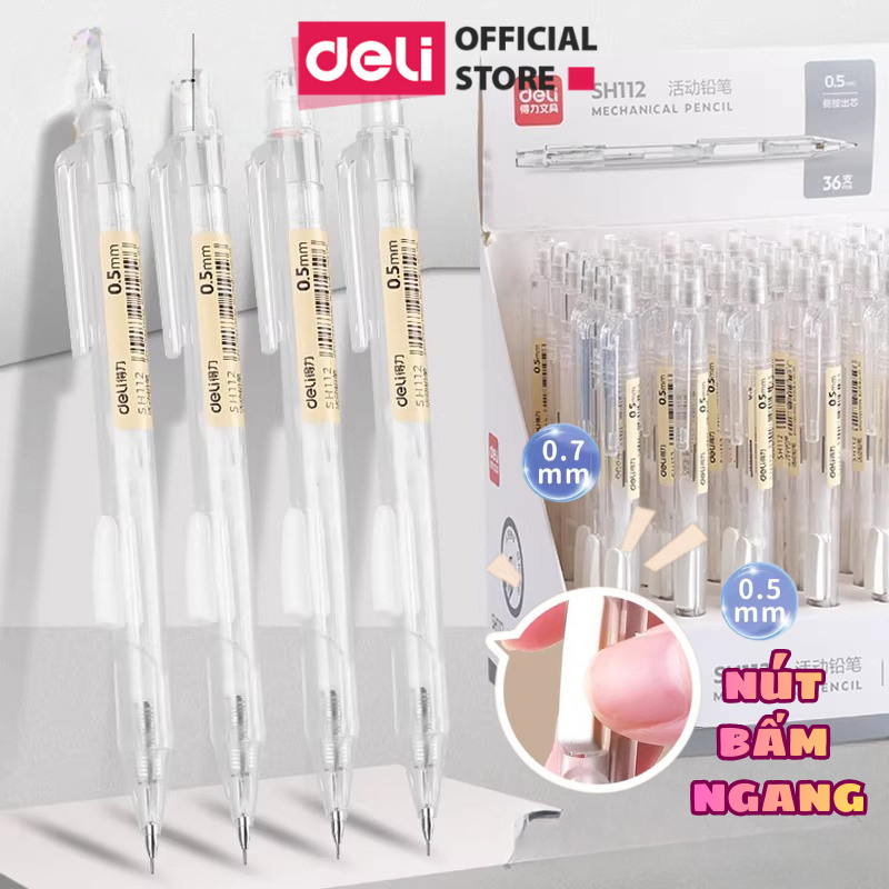 Bút Chì Kim Bấm Thân Bấm Đầu Ngòi 0.5 0.7mm Cao Cấp Kèm Đầu Tẩy Deli - Bút Chì Cơ Học Thay Ngòi Cho Học Sinh