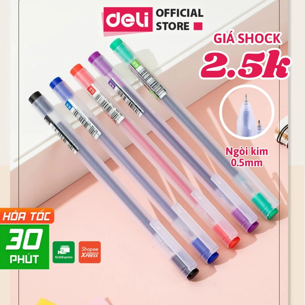Combo 5/10/20 Bút Bi Nước Mực Tím Gel Nhanh Khô Deli 5 Màu Đen Xanh Đỏ Tím Xanh Lá Ngòi 0.5mm