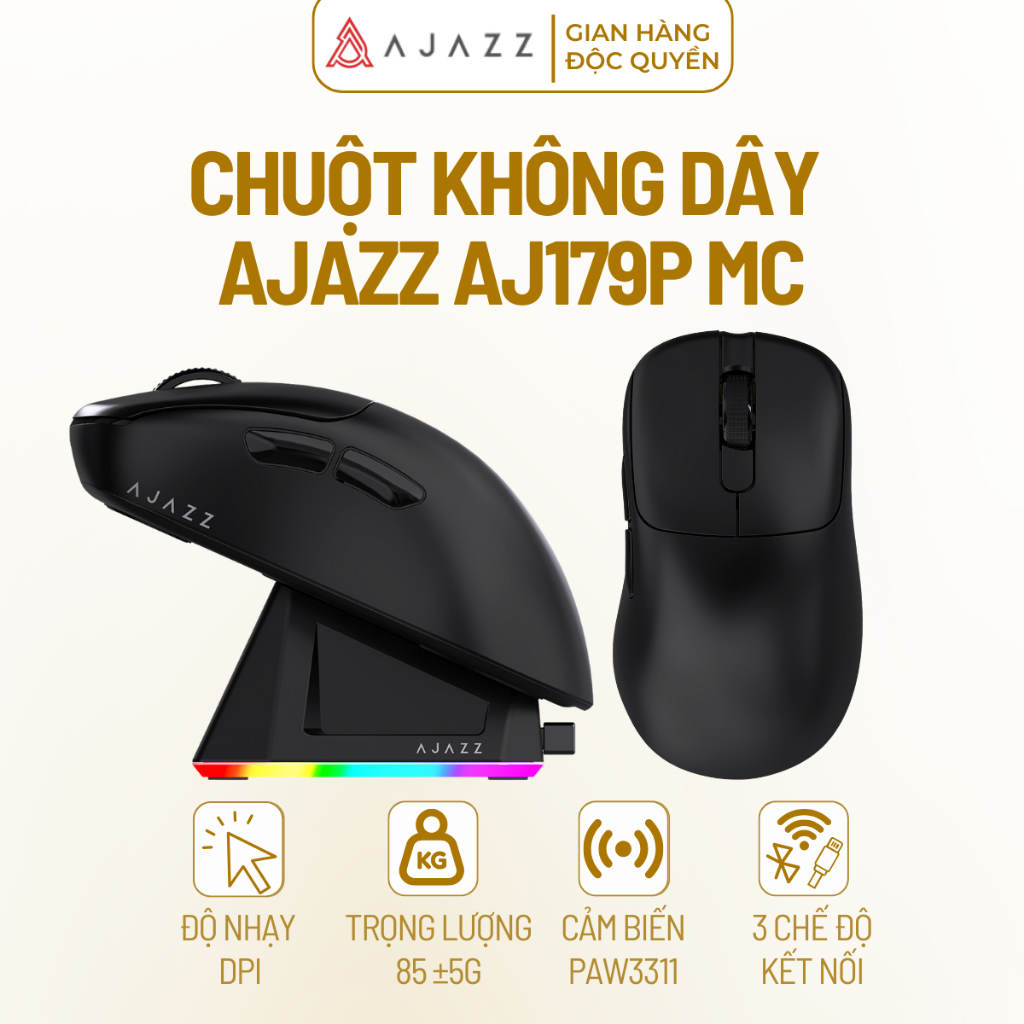 Chuột Không Dây AJAZZ AJ179P MC 3 Mode Kết Nối DPI 12000 Hỗ Trợ APP Tùy Chỉnh Gaming Văn Phòng