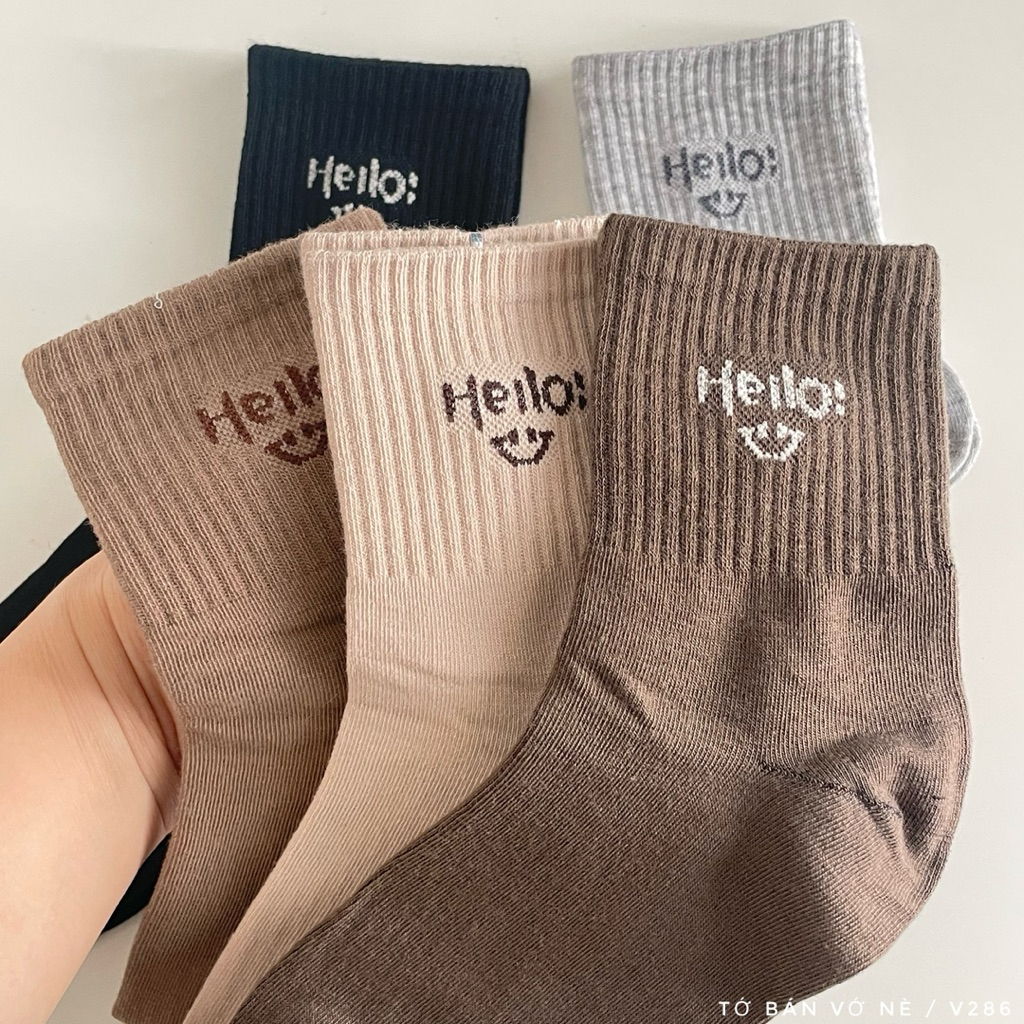 Tất vớ nữ cổ trung Hello mặt cười tone màu vintage [size chân 35-39]
