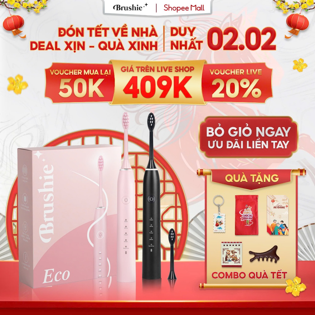 [GIÁ 408K TẠI LIVE SHOP] Bàn Chải Điện Brushie Eco chính hãng 2024, 5 chế độ làm sạch phù hợp cho ng