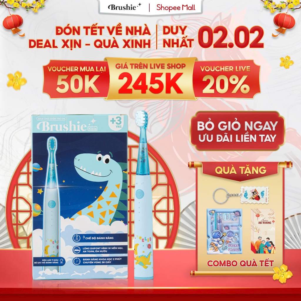 [GIÁ 250K TẠI LIVE SHOP] Bàn chải điện cho bé Brushie Kids 3 chế độ làm sạch, lông mềm cho răng nhạy
