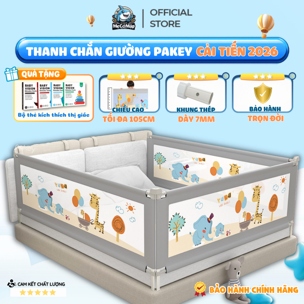 Thanh Chắn Giường Pakey NV2 Nâng Hạ Dạng Trượt Dễ Dàng ,Thanh Chắn Giường Có Khóa Xoáy 2 Chiều, Bọc 