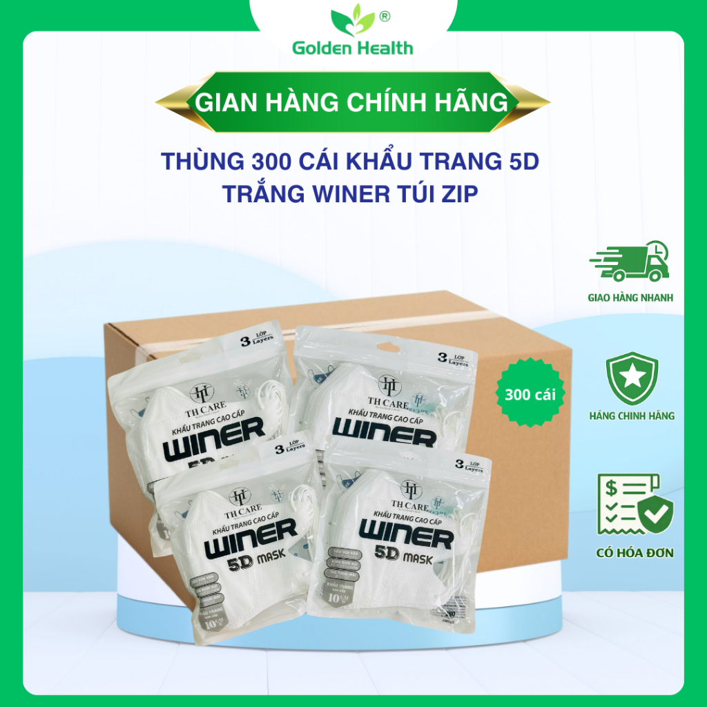 [THÙNG 300 CÁI] Khẩu trang 5D WINER trắng túi zip