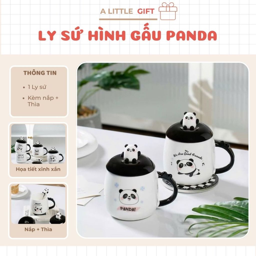 Ly sứ cao cấp hình gấu panda| Ly sứ quà tặng kèm muỗng và nắp