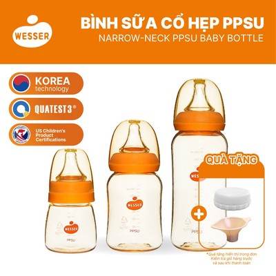[MỚI] Bình sữa cổ HẸP PPSU Wesser 60ml/140ml/250ml (PPSU MÀU VÀNG MẬT ONG)