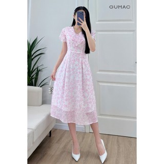 Đầm nữ form A xòe GUMAC cổ V bèo tay loe màu hồng xanh họa tiết hoa lá nhẹ nhàng nữ tính LDF0602