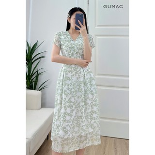 Đầm nữ form A xòe GUMAC cổ V bèo tay loe màu hồng xanh họa tiết hoa lá nhẹ nhàng nữ tính LDF0602