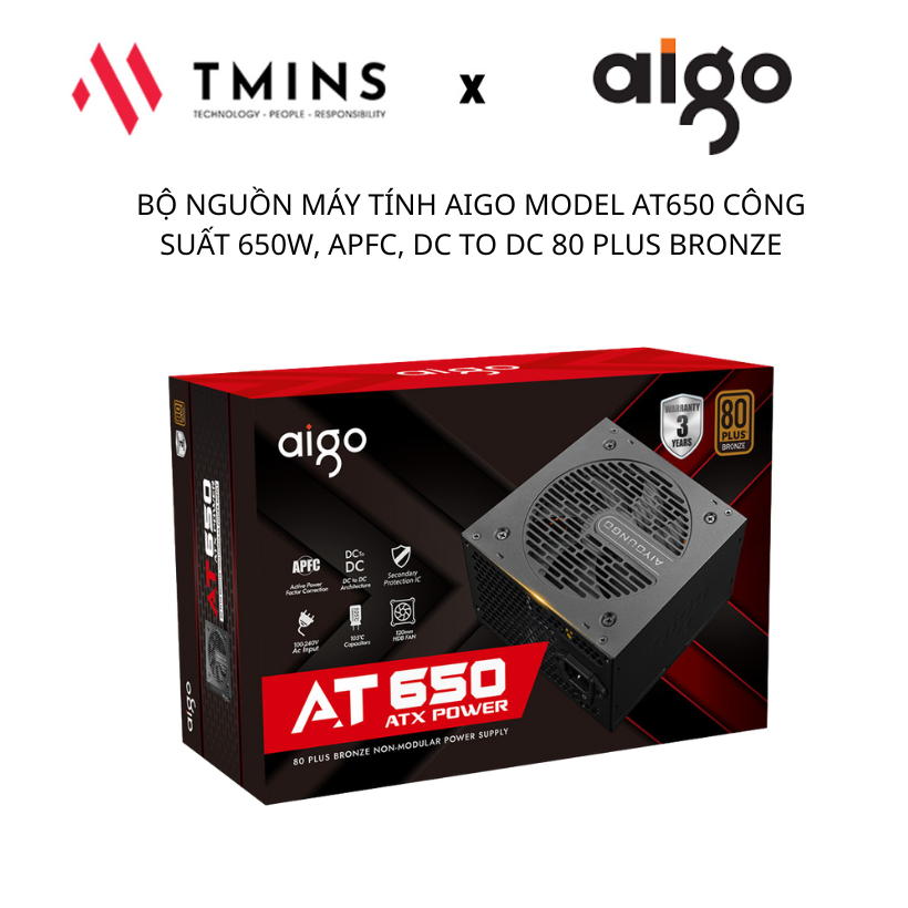 BỘ NGUỒN MÁY TÍNH AIGO MODEL AT650 CÔNG SUẤT 650W, APFC, DC TO DC 80 PLUS BRONZE