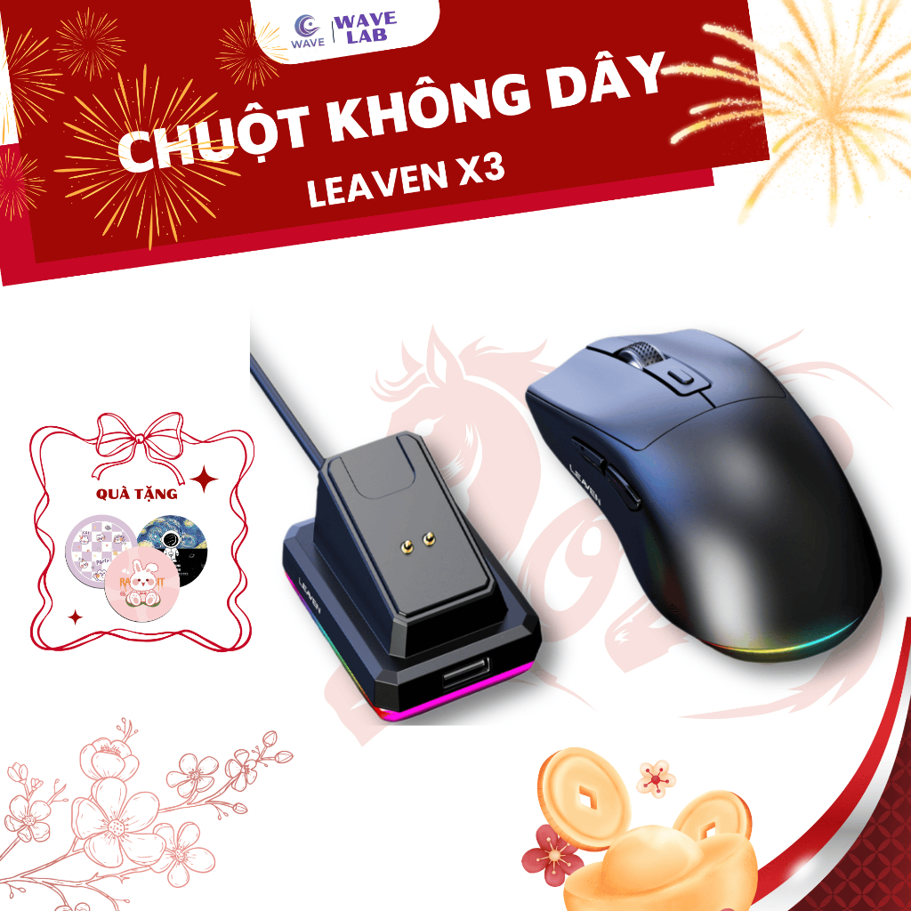 Chuột Gaming LEAVEN X3 Chip Pro Led RGB Kèm Dock Sạc, Chuột Không Dây 3 Mức Điều Chỉnh DP
