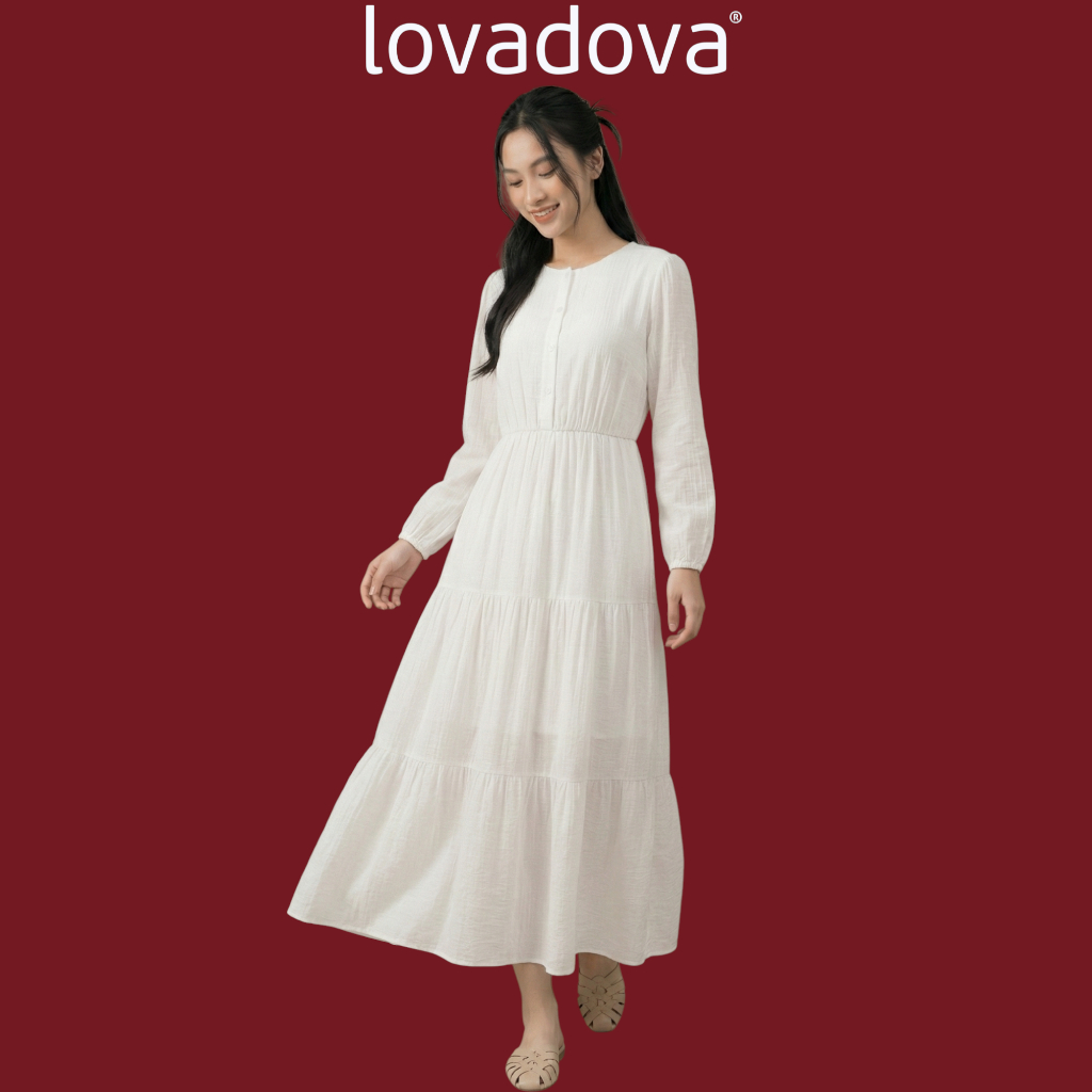 Đầm maxi xếp ly dài tay eo thun  vải linen gân trắng Lovadova HD0202