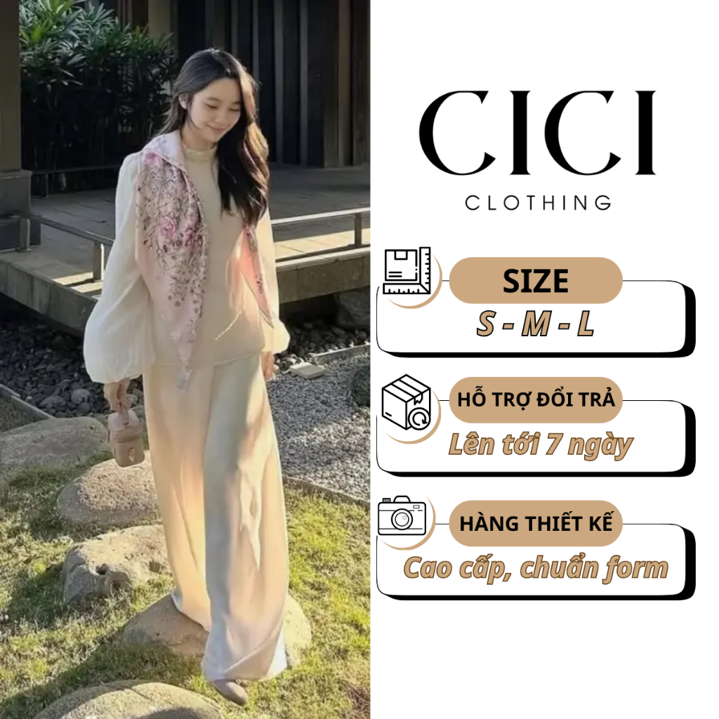 Bộ Đồ Nữ Trắng Kem Áo Voan Tay Phồng Cổ Đính Ngọc Phối Quần Suông Dài - CiCi Clothing