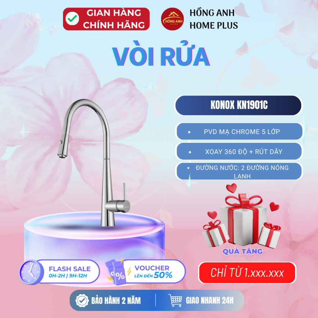 Vòi rửa bát Konox KN1901C chrome nóng lạnh đầu kéo xoay 360 độ mạ PVD 5 lớp