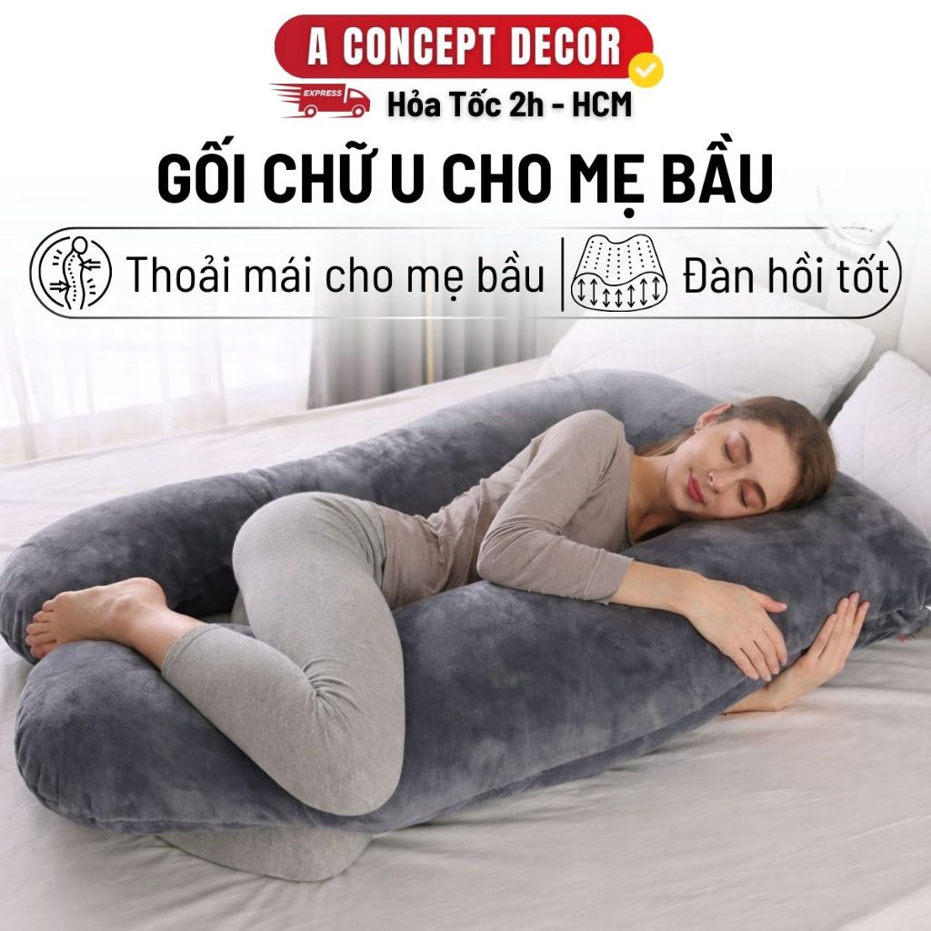 Gối Chữ U Cho Bà Bầu Cao Cấp Đa Năng Gối Ôm Chữ U Vải Nhung Mềm Mại Hỗ Trợ Mẹ Bầu Định Hình Tư Thế Ngủ Thoải Mái Khi Nằm