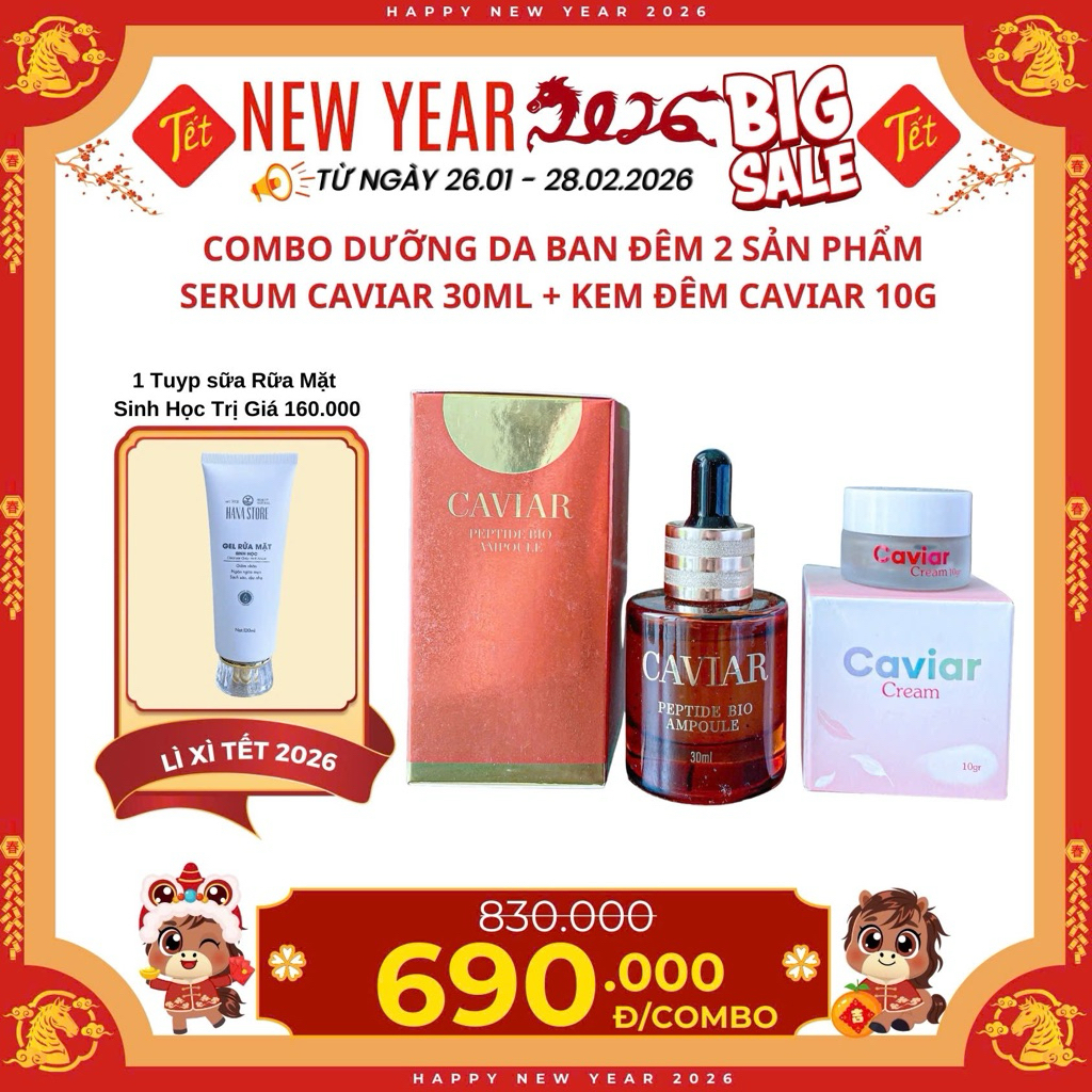 Combo Serum Caviar 30ml + Kem caviar trứng cá tầm Caviar 10gr - chăm sóc da ban đêm giúp dưỡng trắng