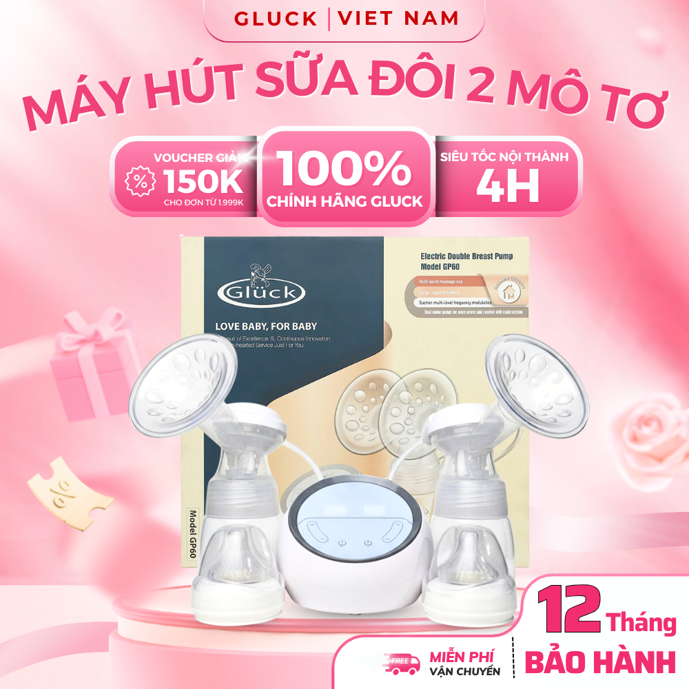 Máy Hút Sữa Pin Đôi Gluck Baby GP60 2 mô tơ riêng biệt massage, hút sữa từng bên an toàn Chính Hãng