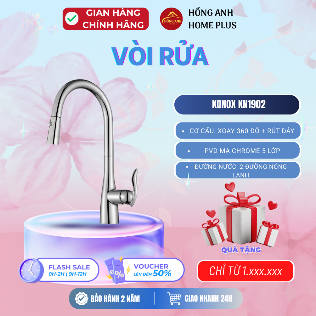 Vòi rửa bát Konox KN1902 hợp kim đồng CW617N PVD Chrome 5 lớp xoay 360 độ rút dây nóng lạnh