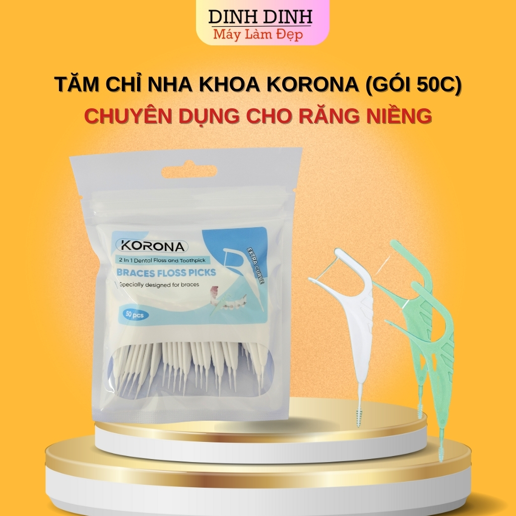 Tăm chỉ nha khoa, tăm nha khoa 2 đầu KORONA cho răng niềng (Gói 50 chiếc), chải kẽ, tăm nhựa 2 đầu