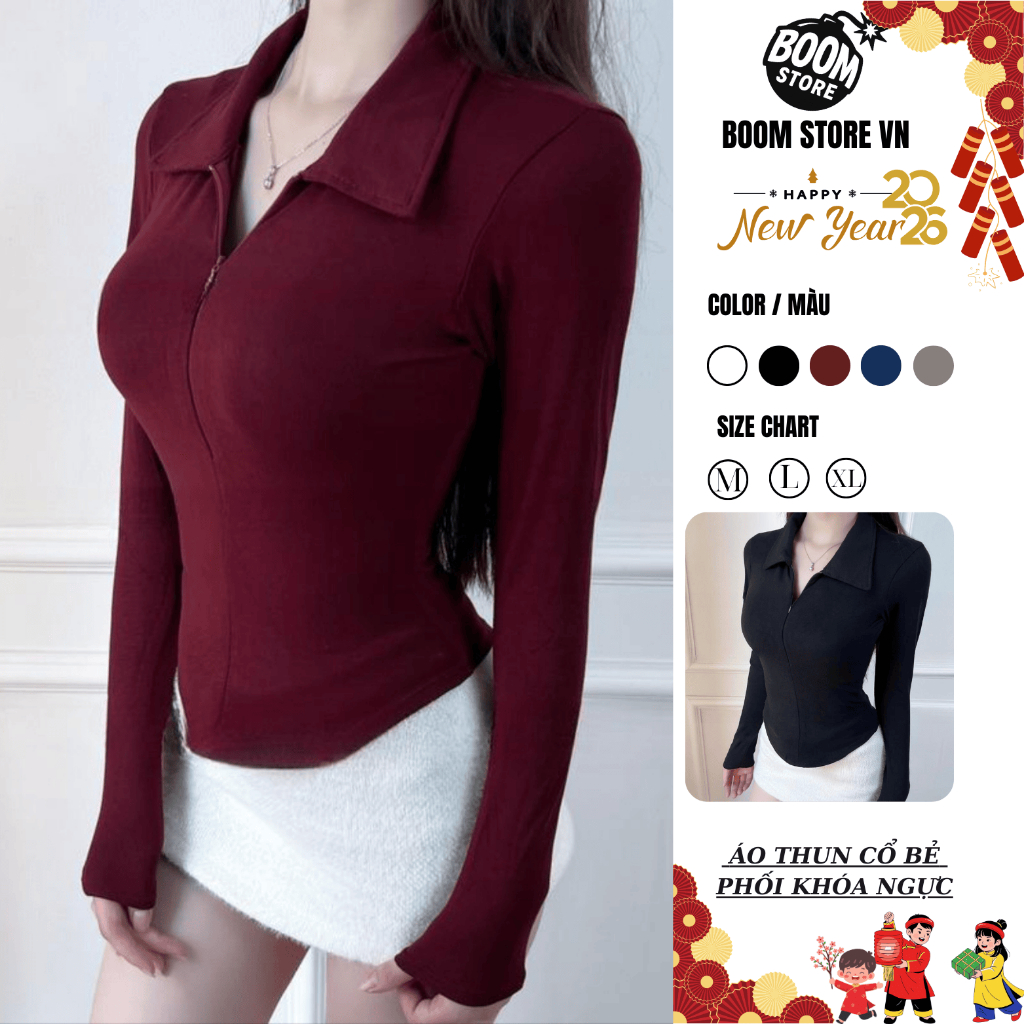 Áo thun nữ cổ bẻ tay dài phối dây kéo ôm dáng vạt bầu vải thun tăm mịn - BY BOOM STORE VN | BigBuy360 - bigbuy360.vn