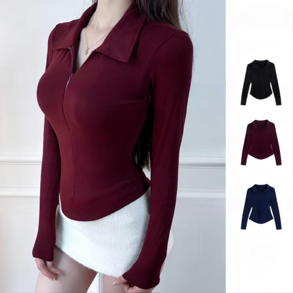 Áo thun nữ cổ bẻ tay dài phối dây kéo ôm dáng vạt bầu vải thun tăm mịn - BY BOOM STORE VN | BigBuy360 - bigbuy360.vn