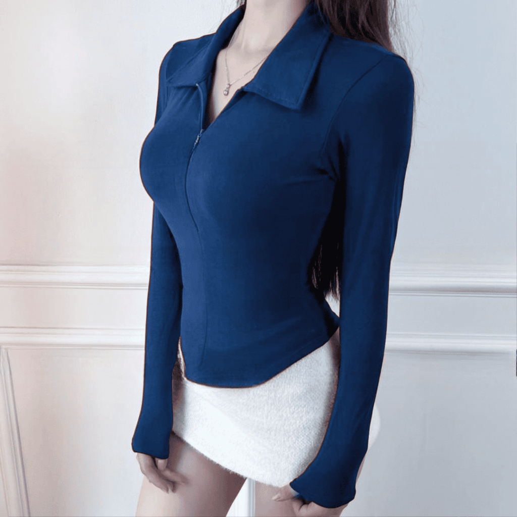 Áo thun nữ cổ bẻ tay dài phối dây kéo ôm dáng vạt bầu vải thun tăm mịn - BY BOOM STORE VN | BigBuy360 - bigbuy360.vn