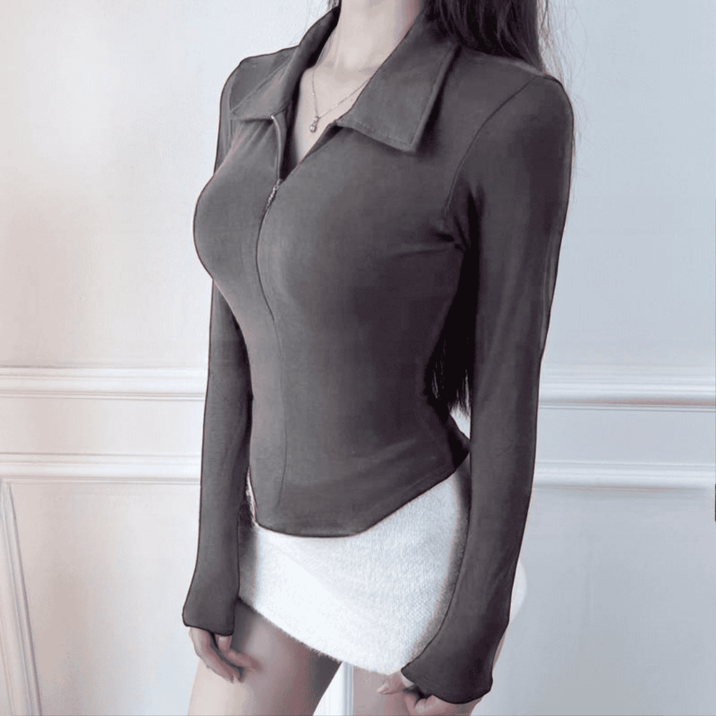 Áo thun nữ cổ bẻ tay dài phối dây kéo ôm dáng vạt bầu vải thun tăm mịn - BY BOOM STORE VN | BigBuy360 - bigbuy360.vn