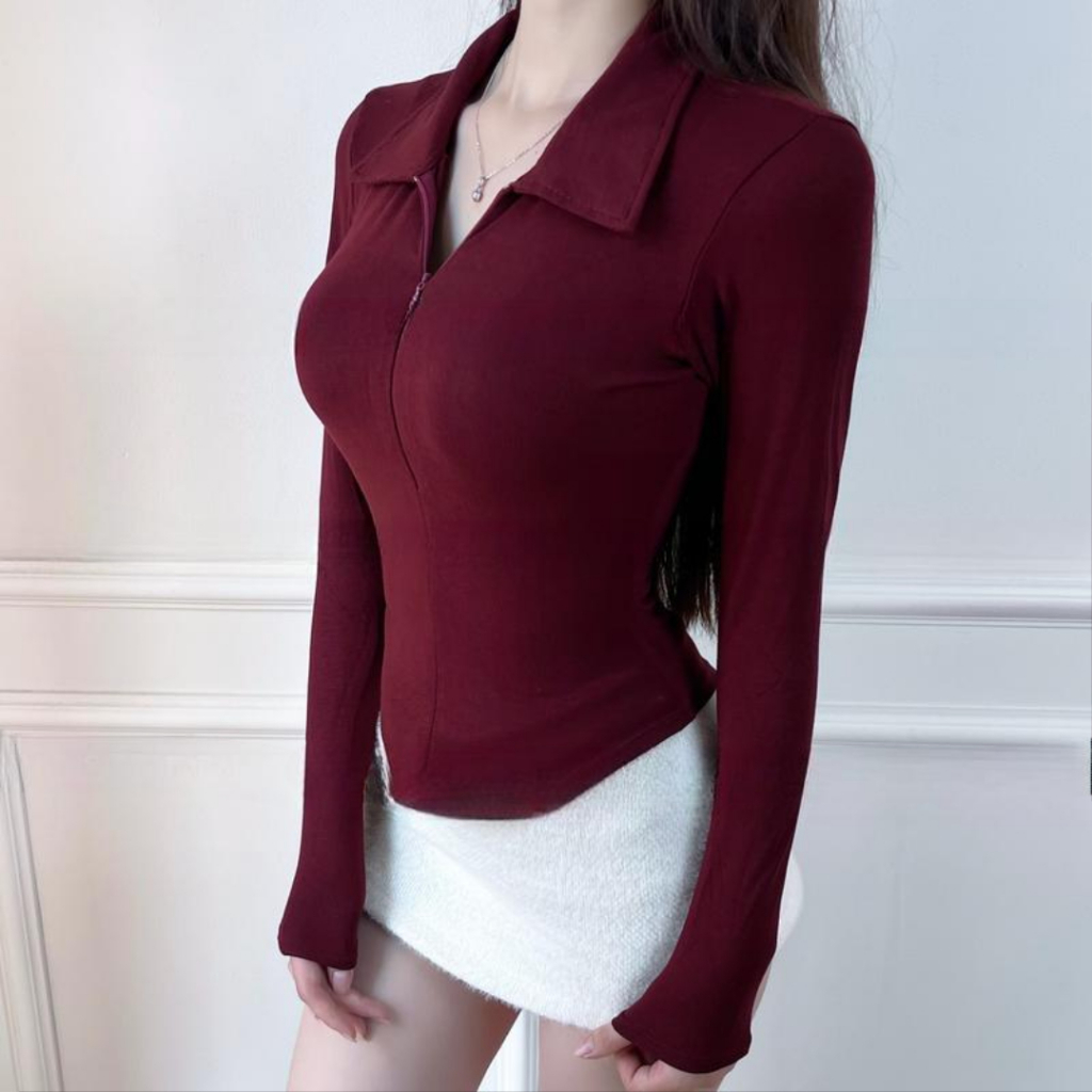 Áo thun nữ cổ bẻ tay dài phối dây kéo ôm dáng vạt bầu vải thun tăm mịn - BY BOOM STORE VN | BigBuy360 - bigbuy360.vn