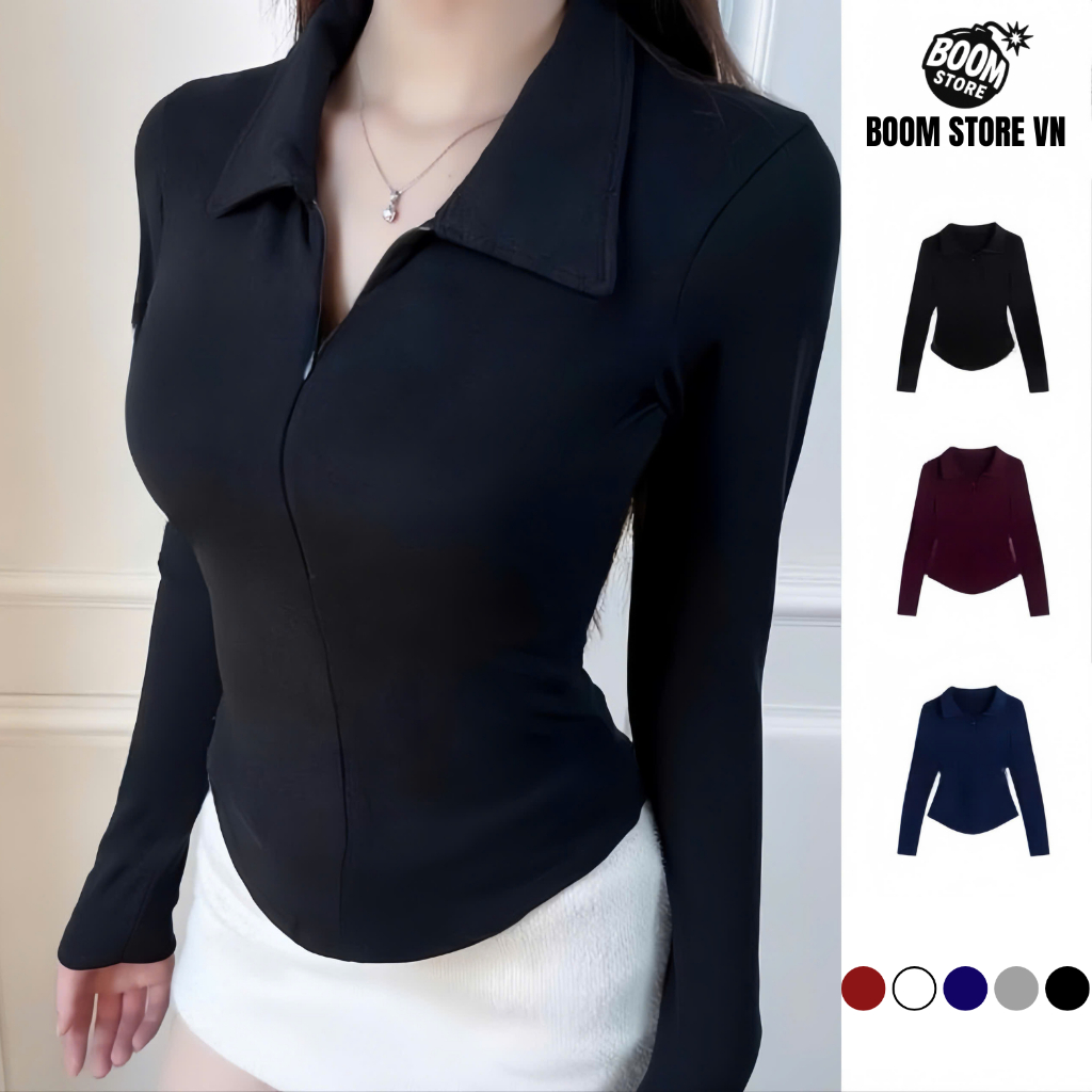 Áo thun nữ cổ bẻ tay dài phối dây kéo ôm dáng vạt bầu vải thun tăm mịn - BY BOOM STORE VN | BigBuy360 - bigbuy360.vn