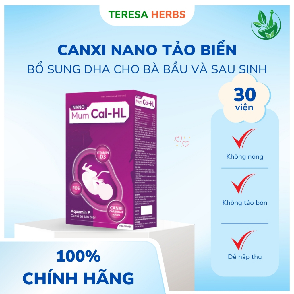 Viên uống Canxi Hữu Cơ Tảo Biển Cho Mẹ Bầu và Cho Con Bú D3K2 Nano Mumcal HL (Hộp 30 viên)