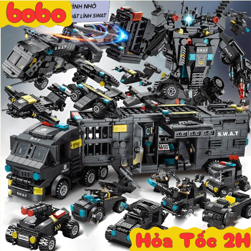 [920 CHI TIẾT] Bộ đồ chơi logo xếp hình Cảnh Sát đội đặc nhiệm SWAT mô hình lắp ráp Robot và Máy Bay