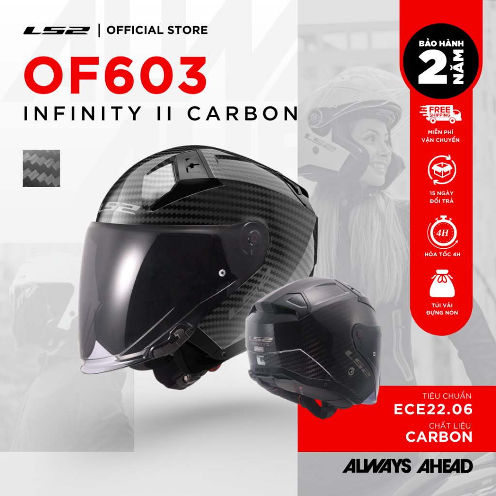 Mũ Bảo Hiểm 3/4 Hai Kính LS2 OF603 Infinity II Carbon ECE2206 Siêu Nhẹ Tối Giản Đi Phố Hàng Ngày
