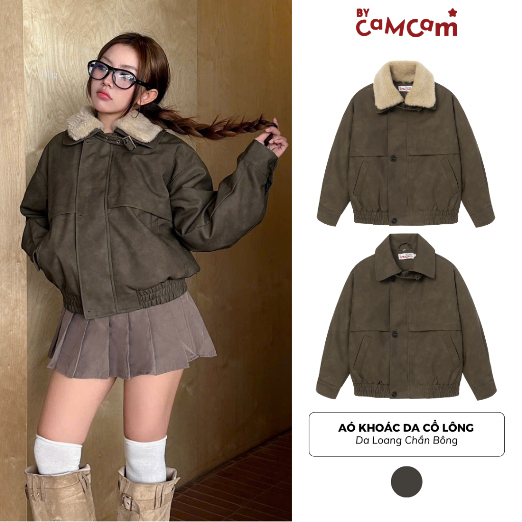 Áo Khoác Da Cổ Lông Tách Rời Dày Dặn 𝑩𝒚𝒄𝒂𝒎𝒄𝒂𝒎 Áo Khoác Chần Bông Ấm Áp Phong Cách Retro AKHD473