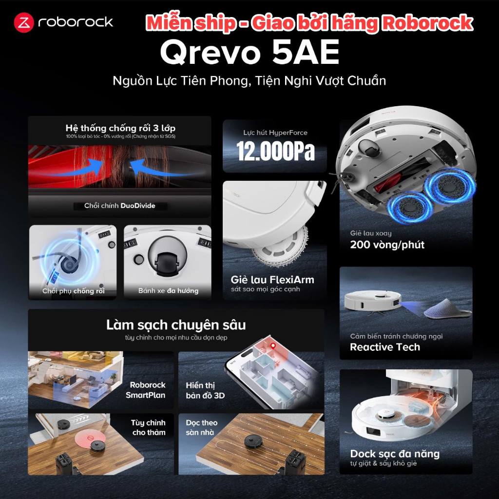 Roborock Qrevo 5AE robot hút bụi lau nhà lực hút 12.000Pa