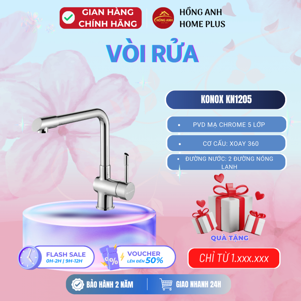 Vòi rửa bát Konox KN1205 hợp kim đồng CW617N PVD Chrome 5 lớp xoay 360 độ nóng lạnh chính hãng