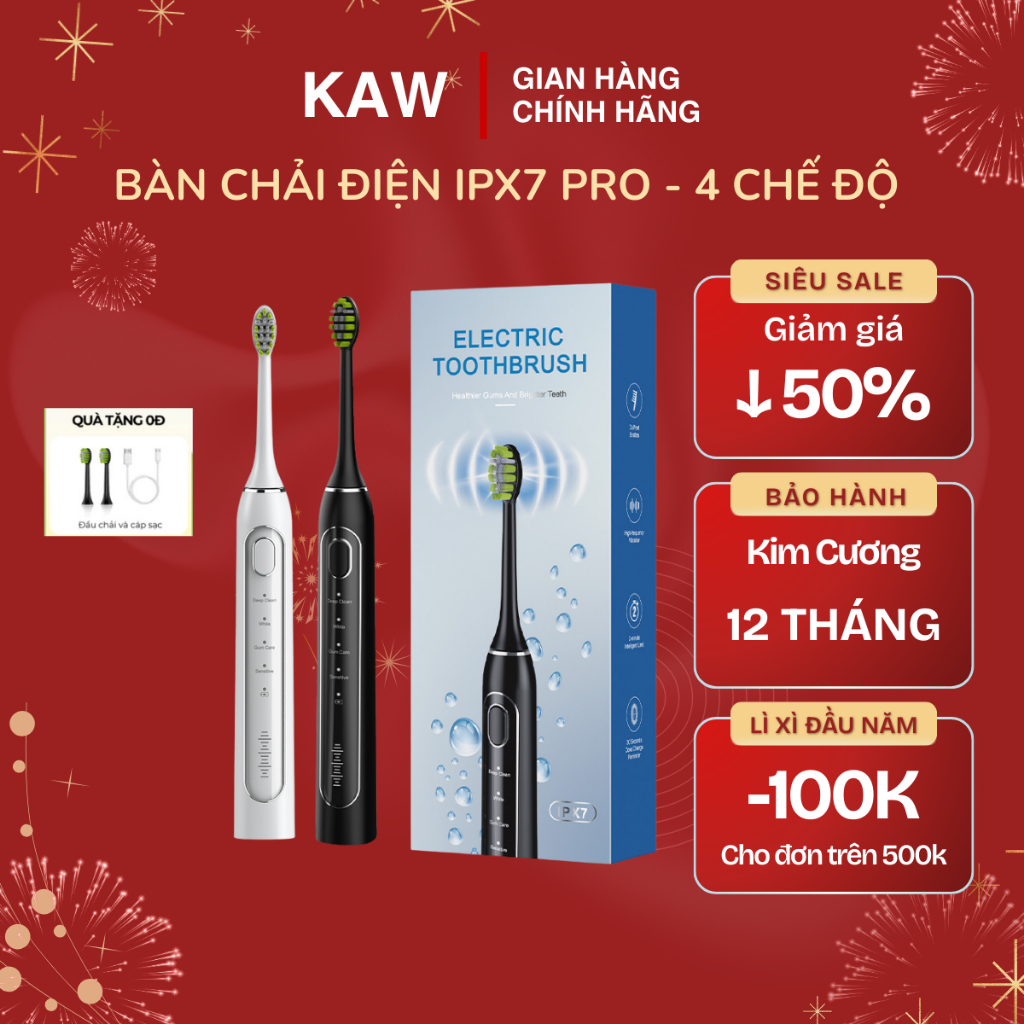Bàn Chải Điện KAW Pro Chuẩn Nha Khoa - 4 Chế Độ, Siêu Sóng Âm Làm Trắng Răng Kèm 2 Đầu Bàn Chải