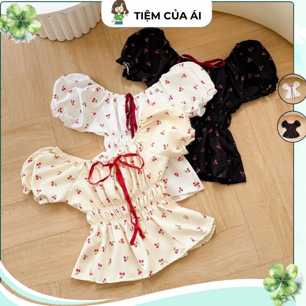 Áo Kiểu Nữ Tay Phồng Cổ Vuông Hoạ Tiết Cherry Babydoll Ngắn Tay Dễ Thương Màu Trắng Đen