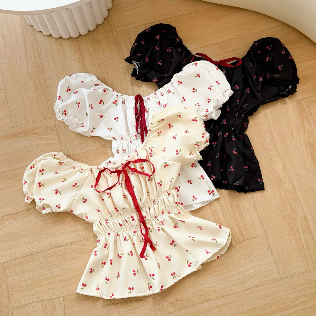 Áo Kiểu Nữ Tay Phồng Cổ Vuông Hoạ Tiết Cherry Babydoll Ngắn Tay Dễ Thương Màu Trắng Đen | BigBuy360 - bigbuy360.vn