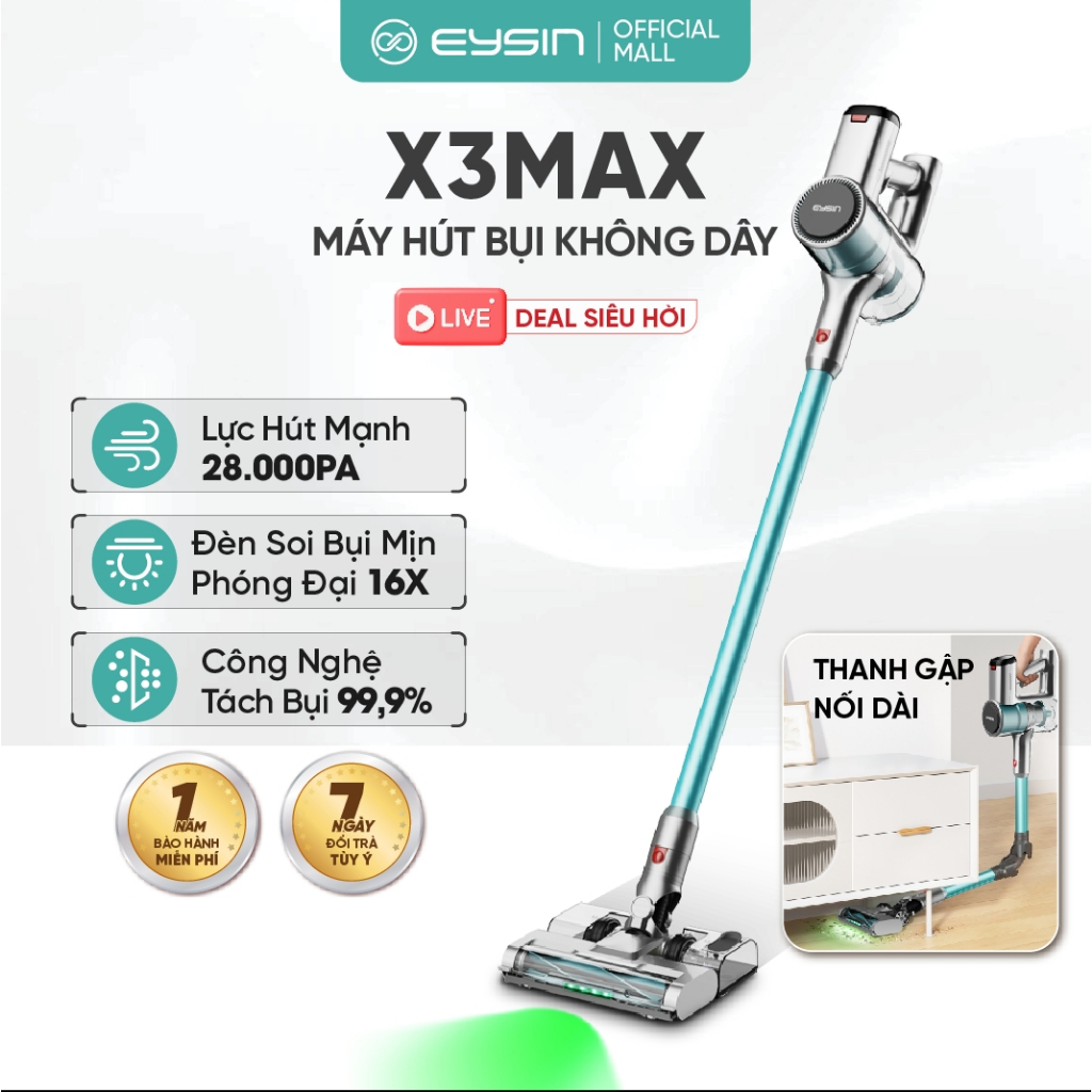 [V] Máy hút bụi cầm tay không dây EYSIN X3MAX lực hút mạnh 28000Pa Lõi lọc HEPA lọc Đèn xanh thông m