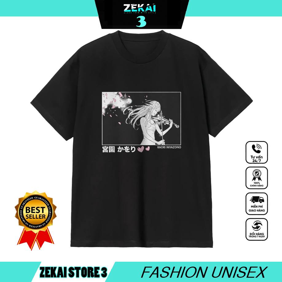 Áo Thun Unisex Form Rộng In Hình Your Lie in April Miyazono Kaori - BLACKPINK Trắng Đen