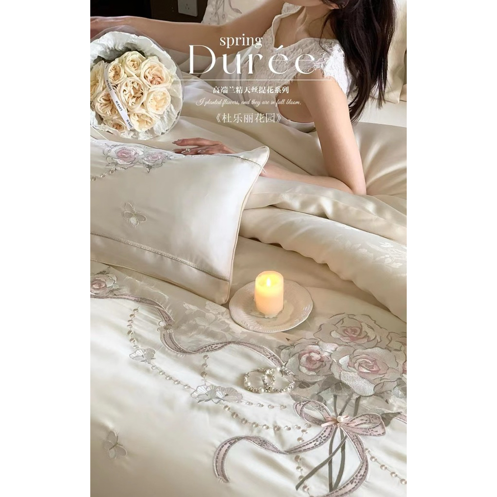 BỘ TENCEL BEAUTY HOA PARIS VIỀN BÈO THÊU HOA PARIS phong cách tiểu thư trang nhã