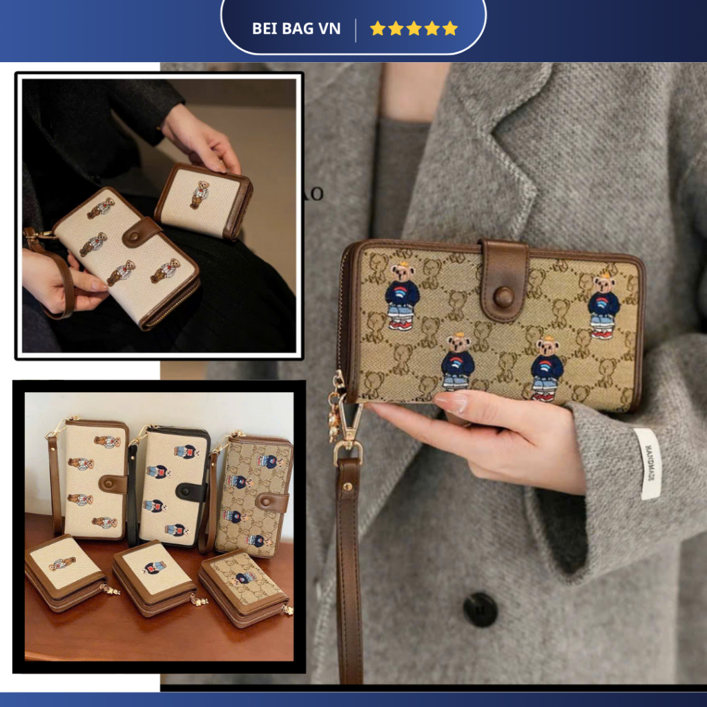 [Chính hãng] Ví cầm tay mini Gấu họa tiết thêu chất liệu cao cấp dành cho nữ LISSA SHOP